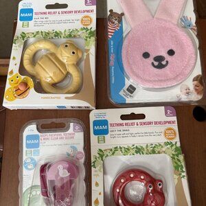 MAM teethers, pacifier clip and oral care item bundle